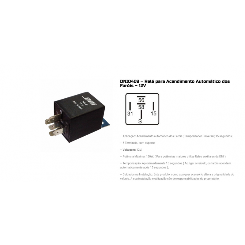 Rele Acendimento Automatico Dos Farois 12v 5 Terminais C/ Suporte Dni