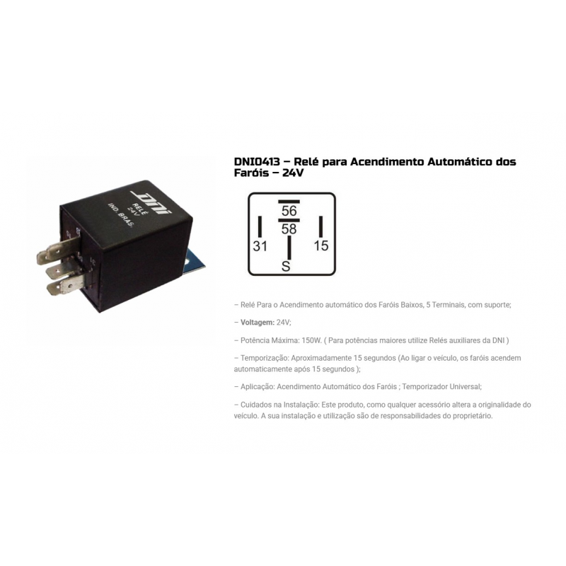 Rele Acendimento Automatico Dos Farois 24v 5 Terminais C/ Suporte Dni